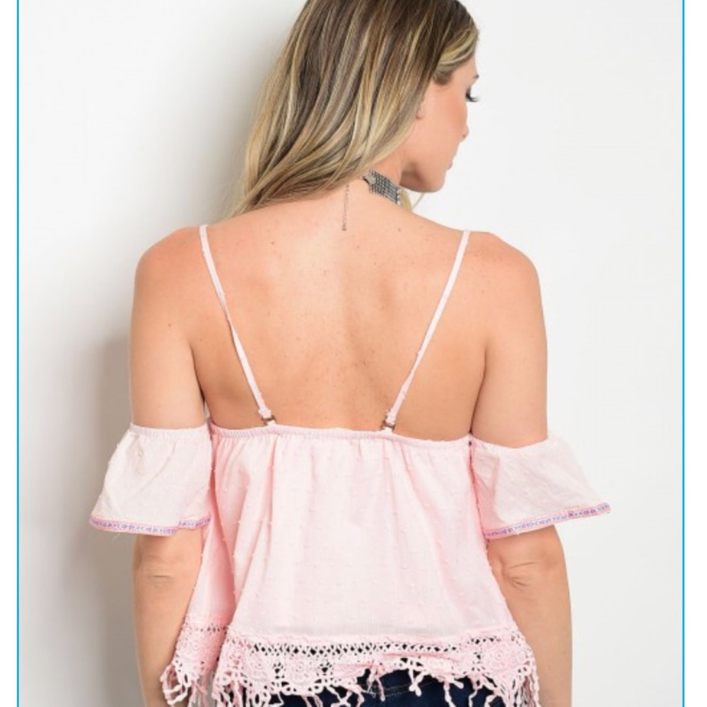 Dygarni off shoulder lace trim top pink S - Picture 3 of 7